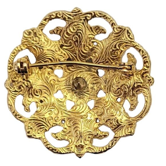 1928 Brand Green, Blue Resin Rhinestone Gold Tone Round Filigree Brooch L24 - Picture 6 of 9